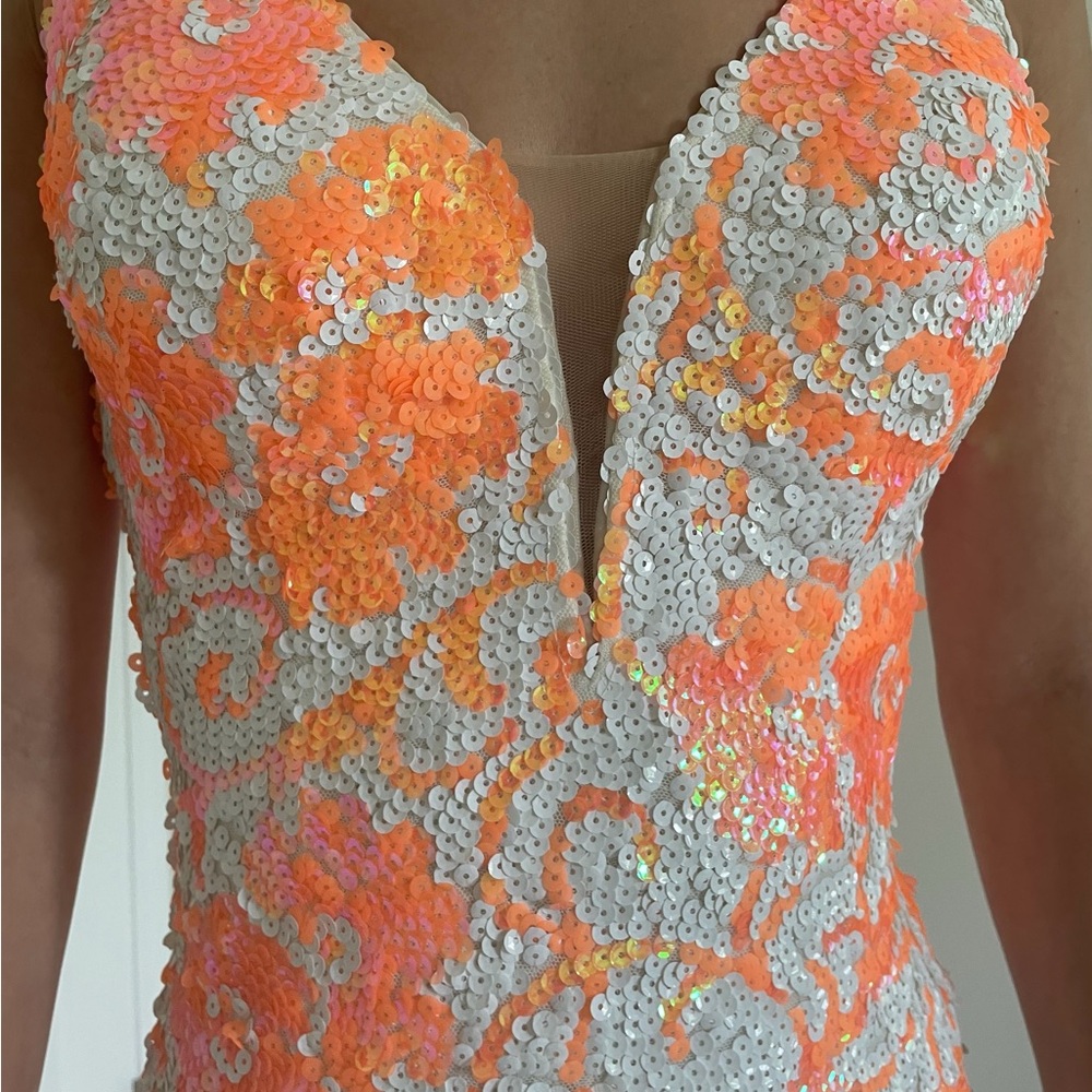 Jovani Coral & White Sequin Floral Prom Dress style 08257 - Picture 6 of 15